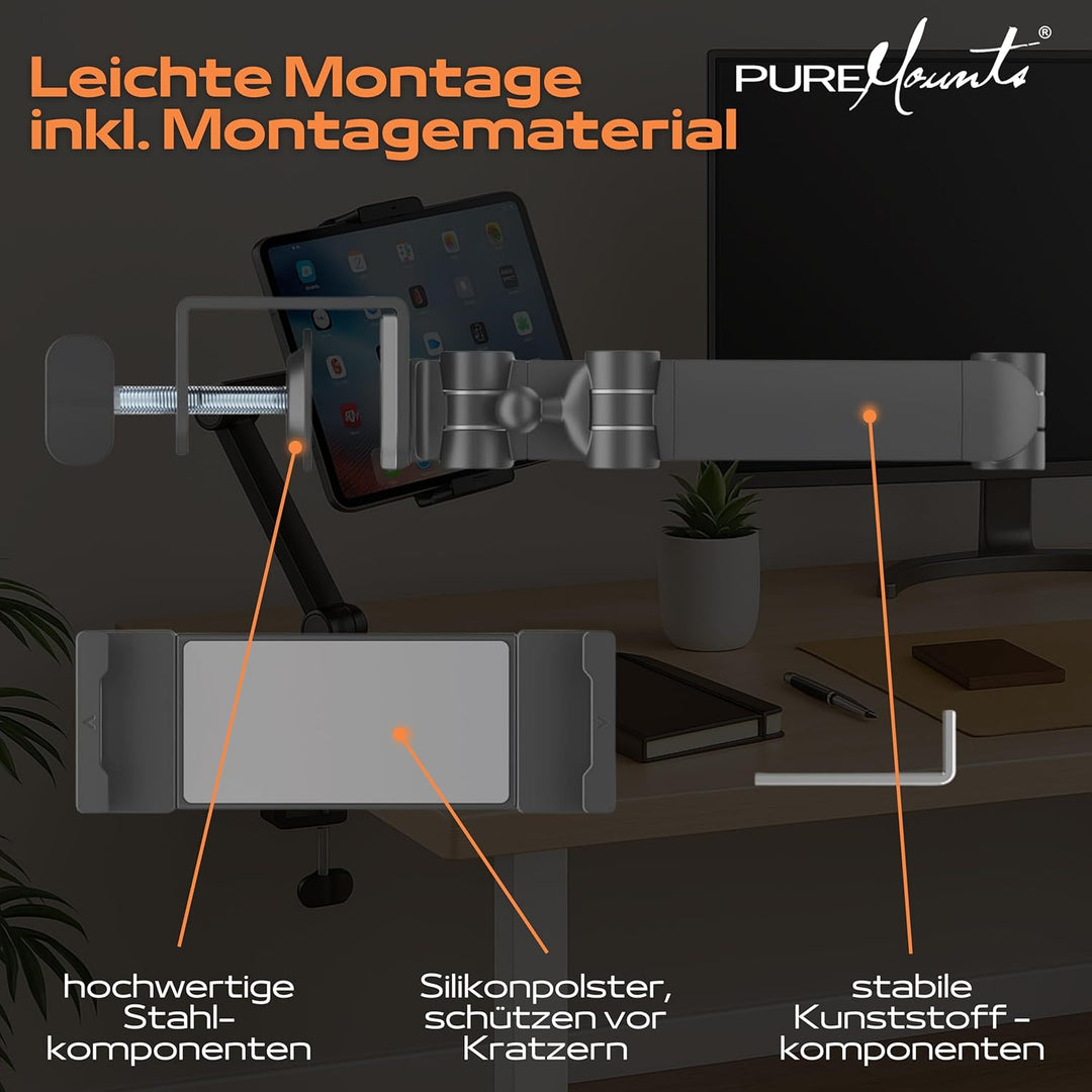 PureMounts® Tablet Tisch-Halterung, 4.7" bis 12.9" Tablets, 360° drehbar, bis zu 1kg Tragkraft, Sili