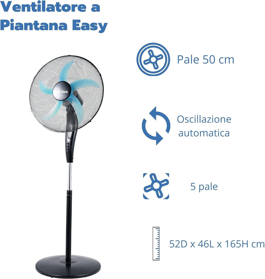 ARDES | AR5EA50PB Leiser Standventilator 5 Flügel EASY - Standventilator Ardes mit breiten Schwenkfu