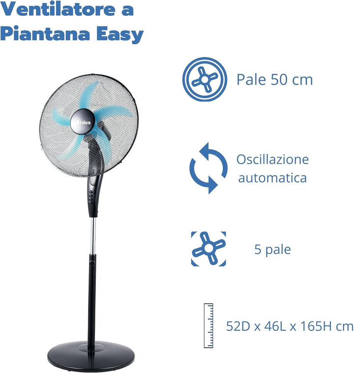 ARDES | AR5EA50PB Leiser Standventilator 5 Flügel EASY - Standventilator Ardes mit breiten Schwenkfu