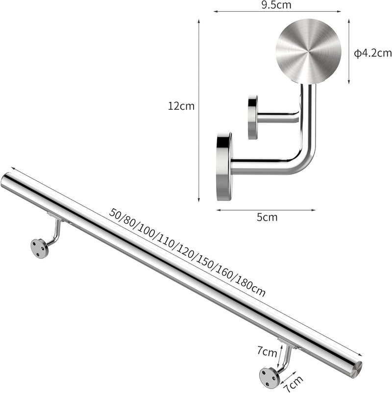 Joparri Edelstahl Handlauf 120cm, Treppengeländer mit Wandhalterung und Endkappen, Wandhandlauf Gelä