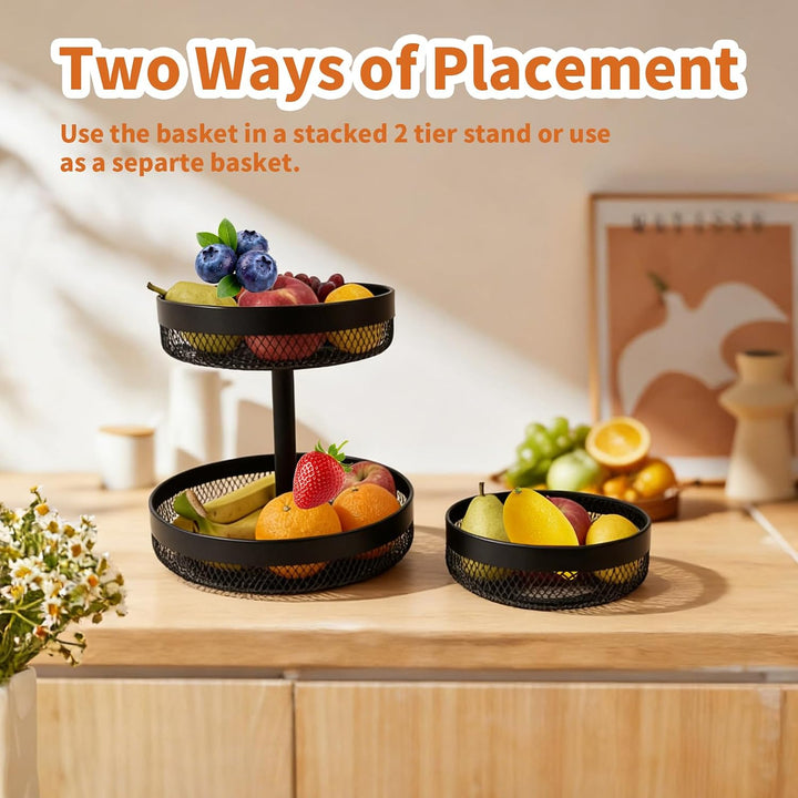 Afeeler 3-Stöckig runde Obst Etagere Schwarz, Elegante Obstkorb Brotkorb aus Metall, Obstteller Etag