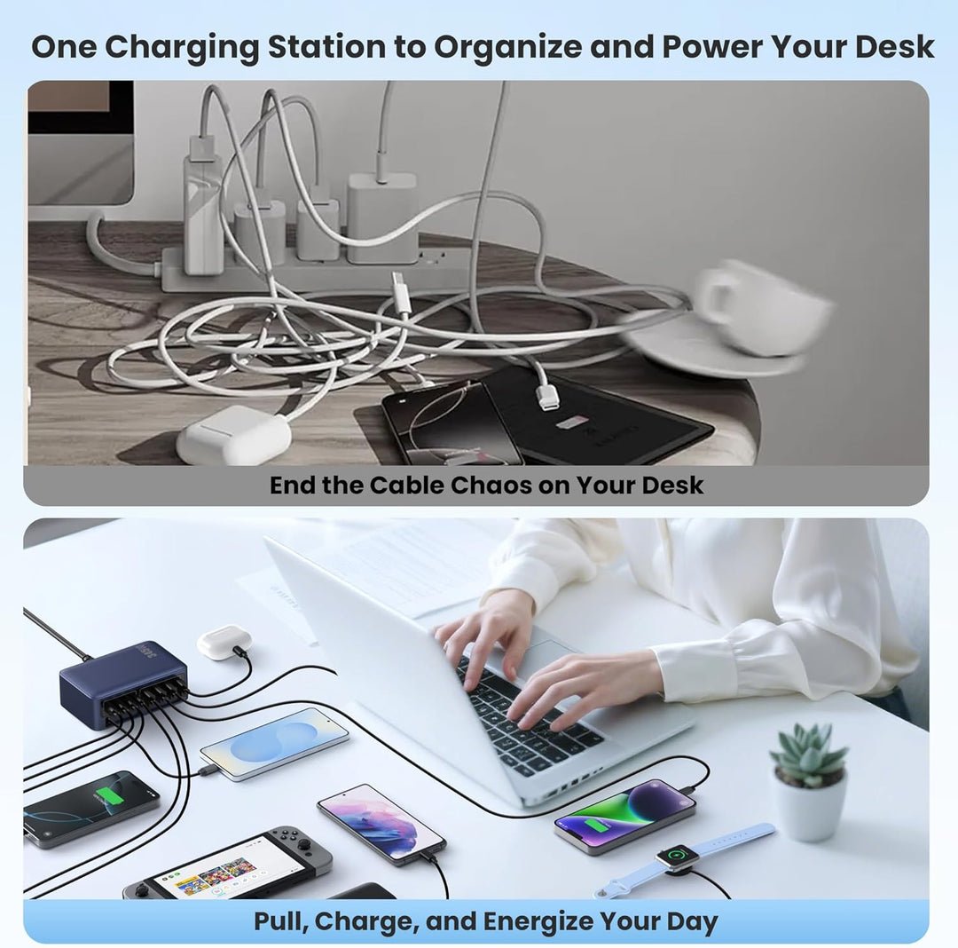 345W USB C Ladegerät Mehrfach mit Einziehbarem Ladekabel, 10-in-1 GaN VI Ladestation, PD/PPS/QC Schn
