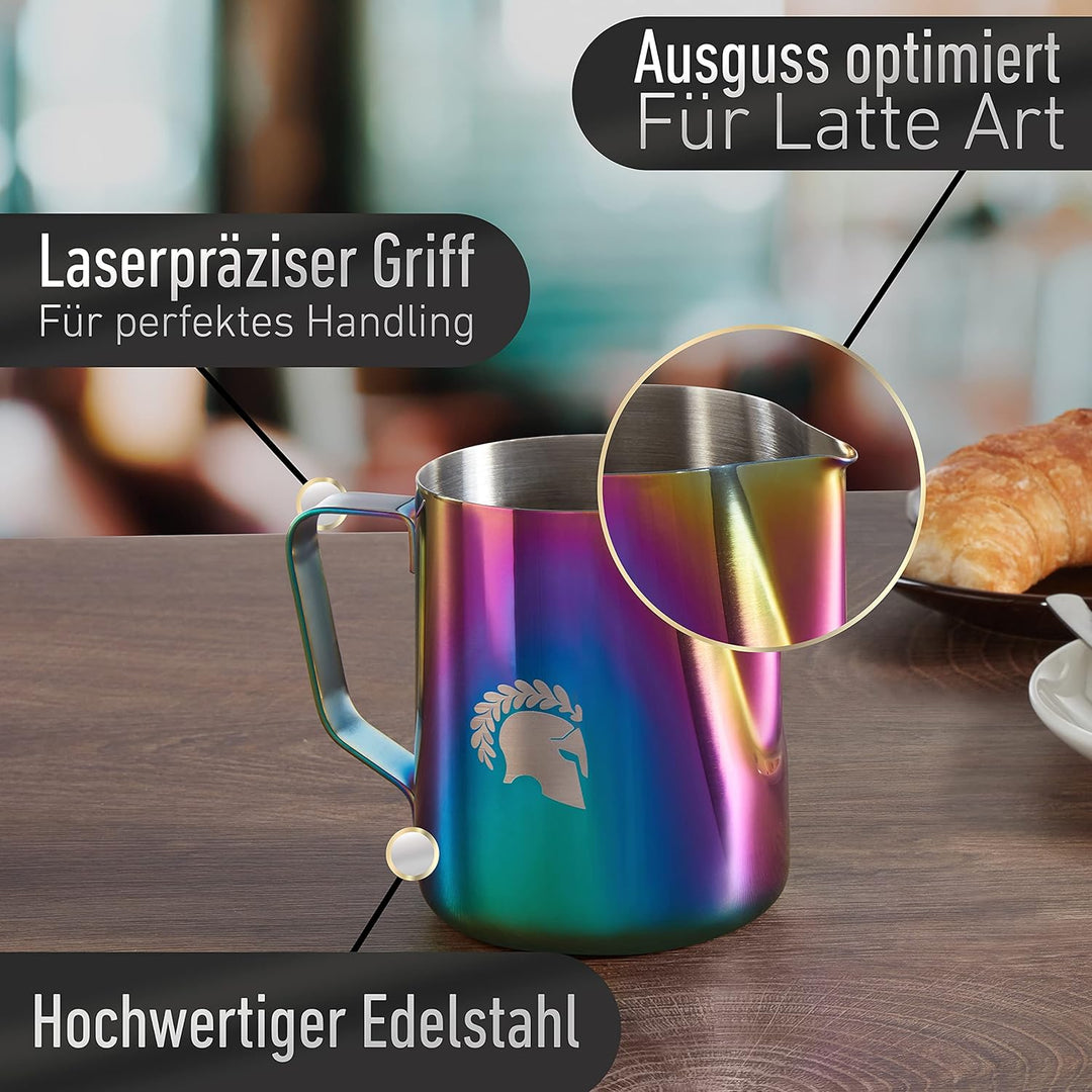 Barista Legends® Milchkännchen Edelstahl 350ml Bunt - mit speziellem Latte Art Ausguss - Milchkanne