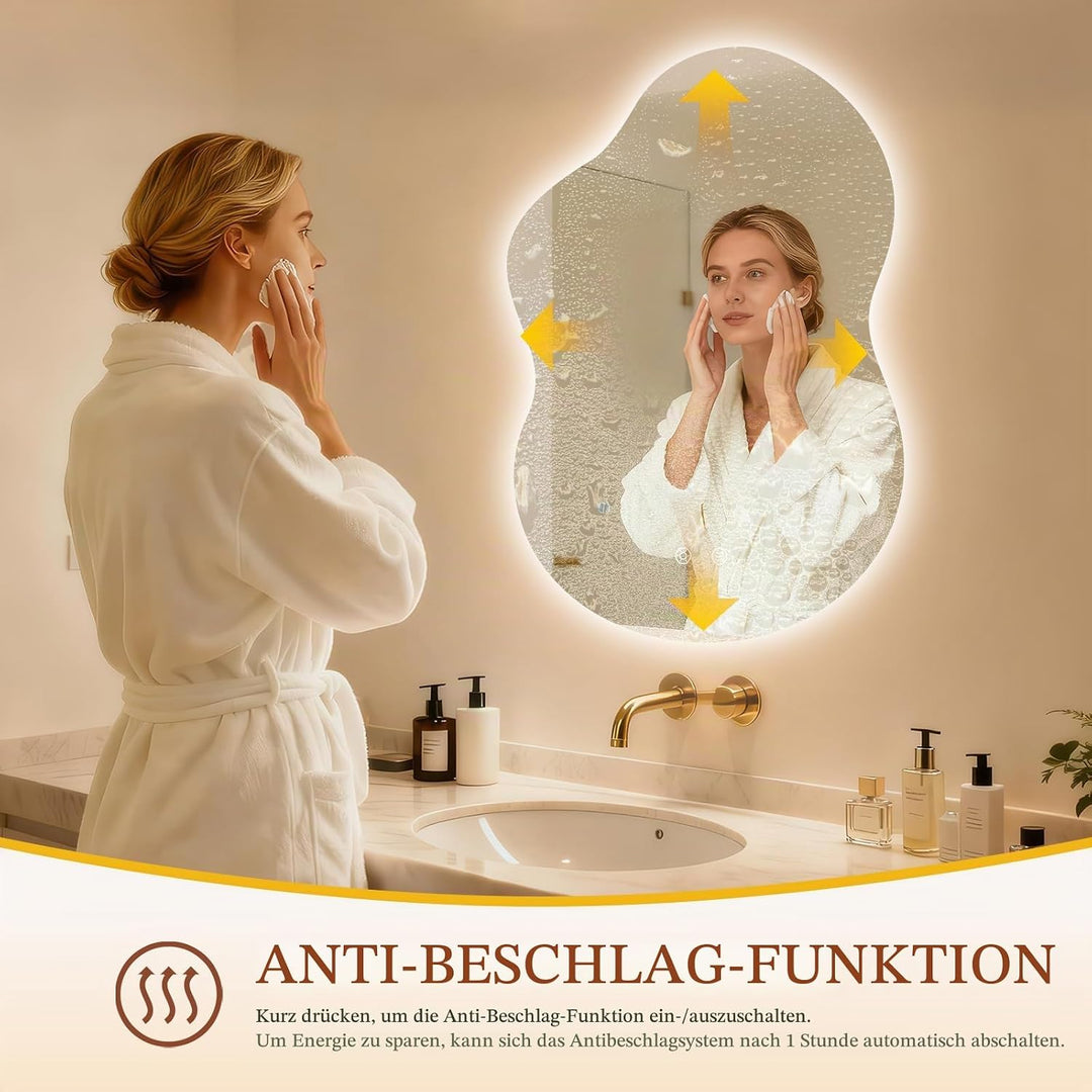 Clevich Badspiegel mit Beleuchtung Asymmetrisch 90×60 cm, LED Spiegel mit 3 Lichtfarben dimmbar, geh