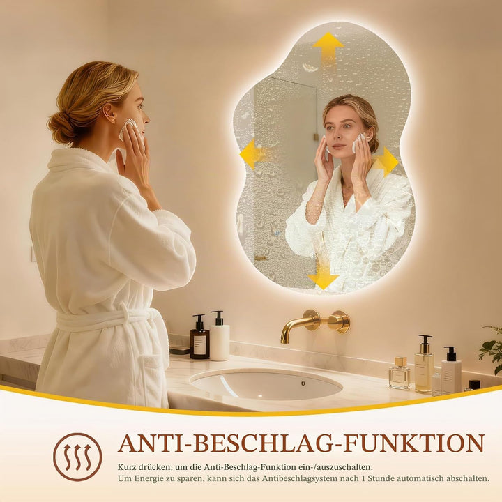 Clevich Badspiegel mit Beleuchtung Asymmetrisch 90×60 cm, LED Spiegel mit 3 Lichtfarben dimmbar, geh