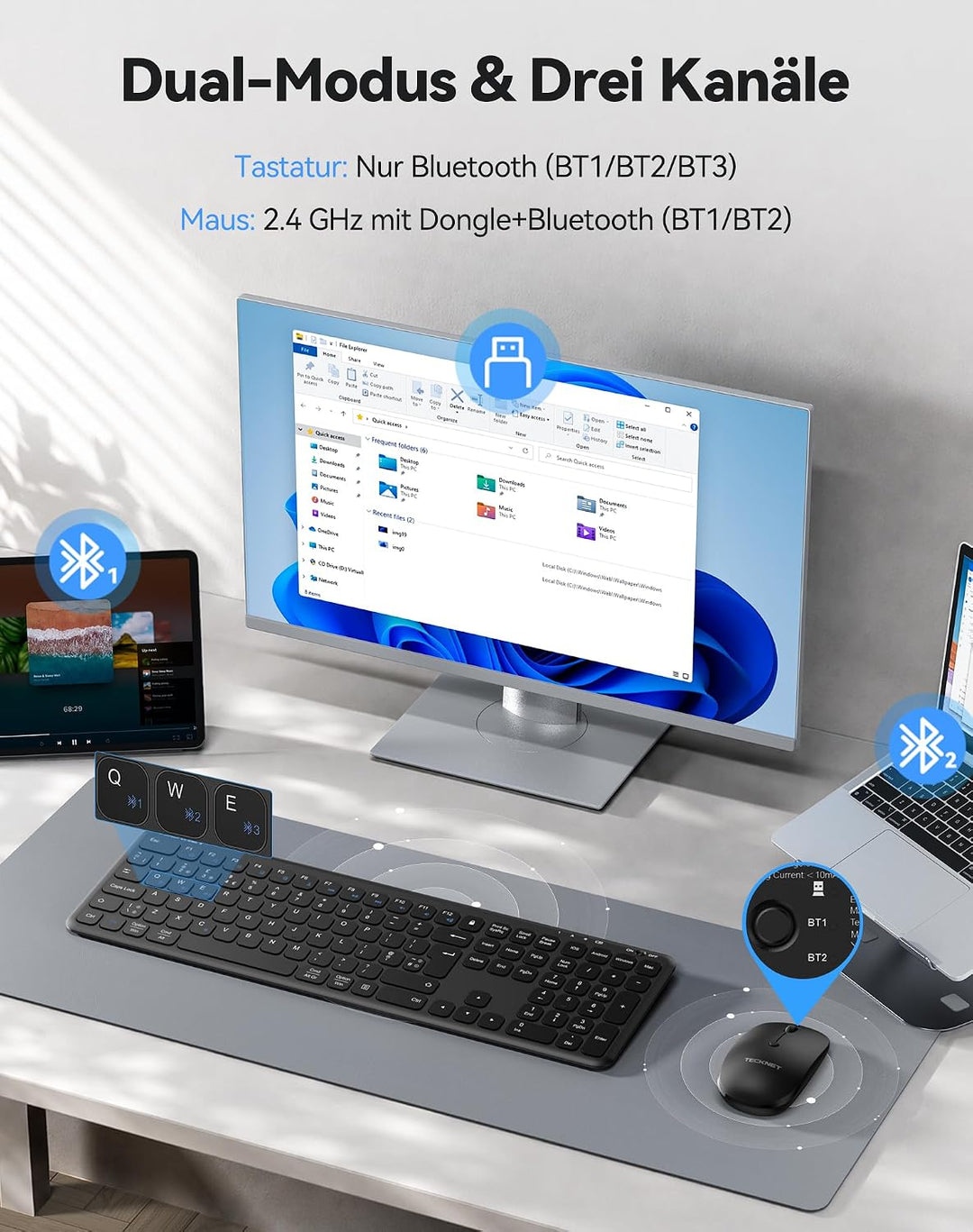 TECKNET Tastatur Maus Set Kabellos - Wiederaufladbare Ultradünne Bluetooth Tastatur mit Maus, Deutsc