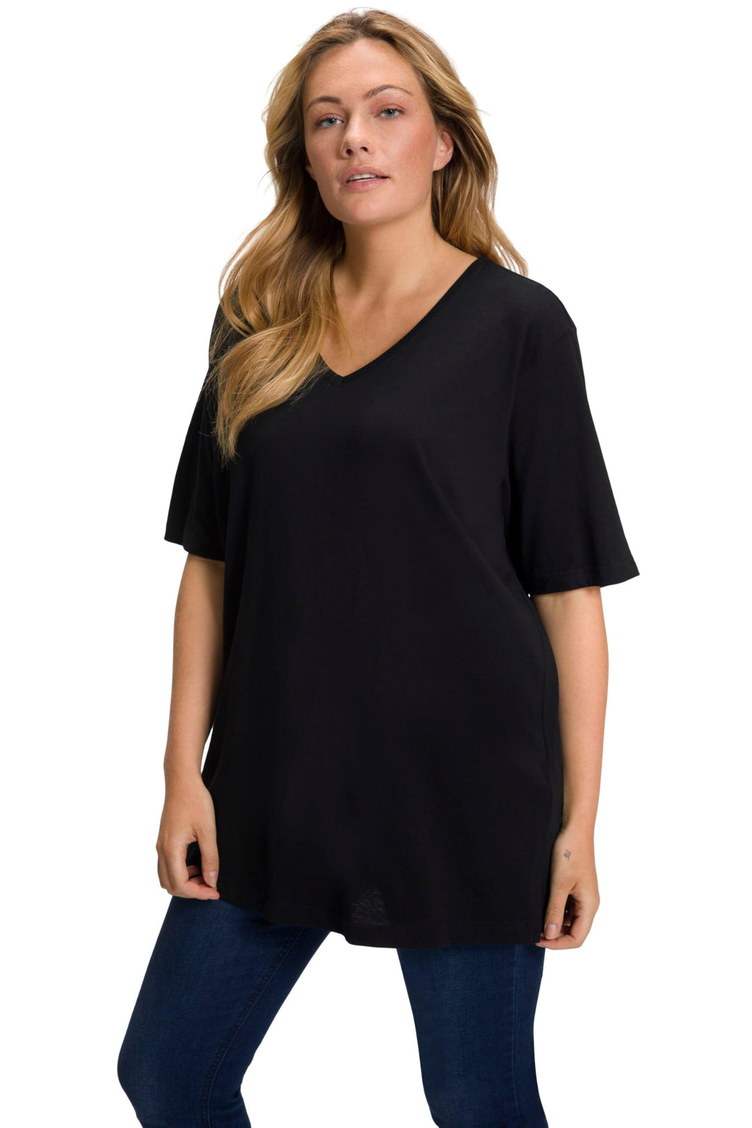 Ulla Popken Damen grosse Grössen Übergrössen Plus Size T-Shirt, Basic, Relaxed Fit, V-Ausschnitt, Ha