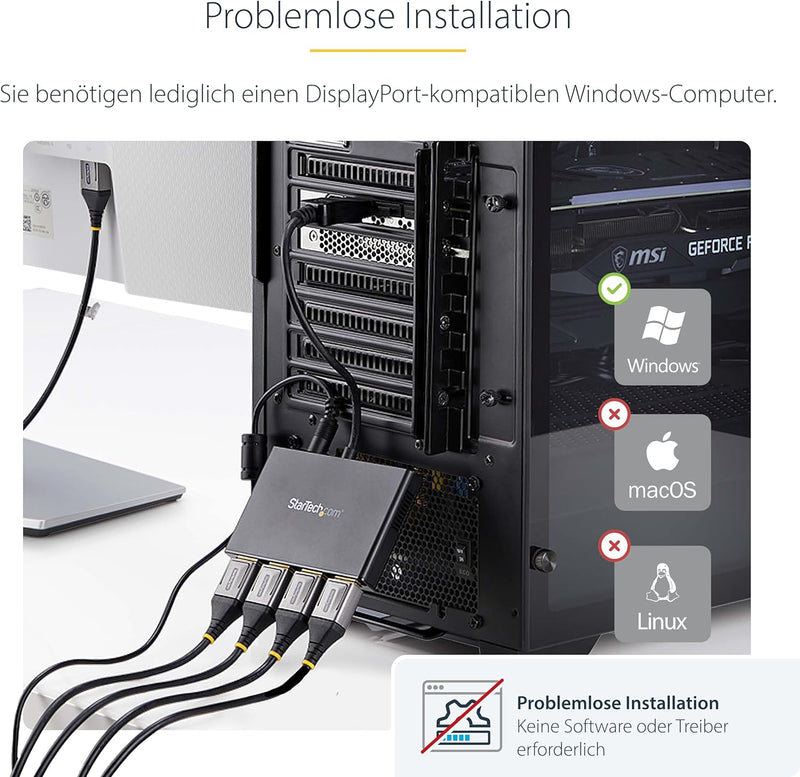 StarTech.com 4-Port Multi-Monitor DisplayPort Adapter, DP auf 4x DisplayPort 1.2 Splitter, Vierfach