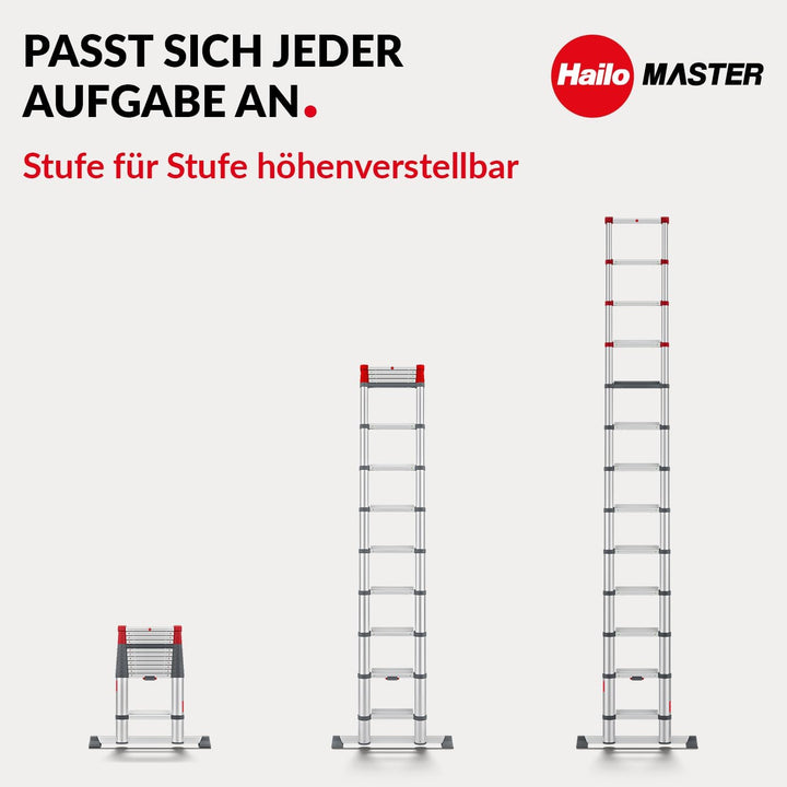 Hailo T100 FlexLine Sicherheits-Teleskopleiter - ausziehbare Leiter aus Aluminium mit bis zu 13 Stuf