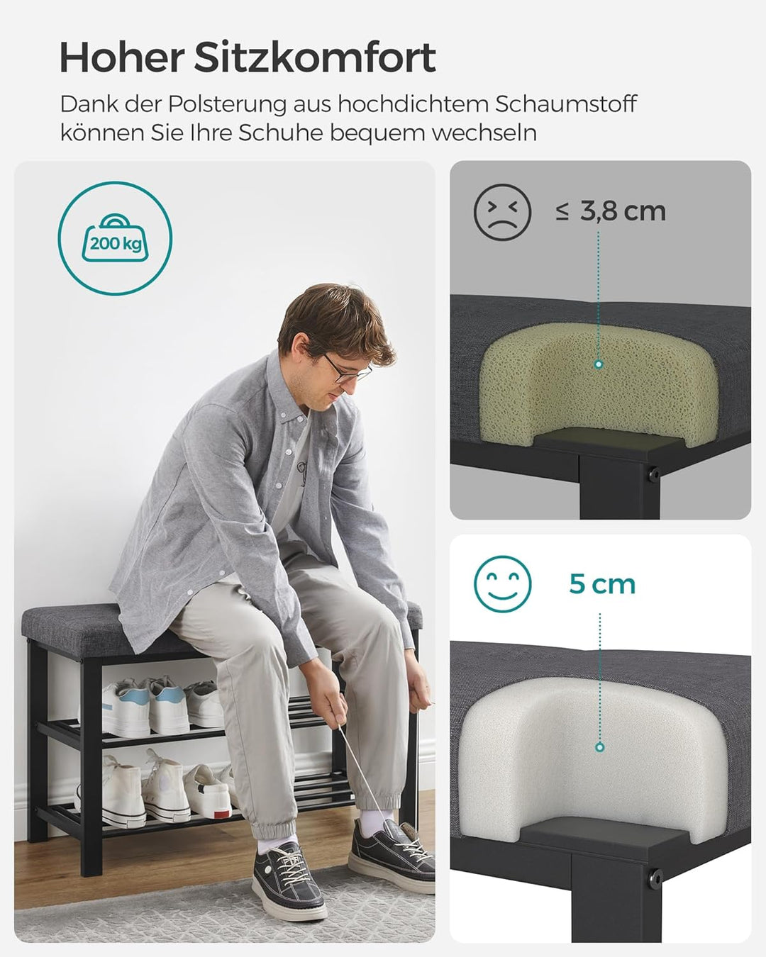 SONGMICS Schuhbank, Schuhregal mit 3 Ebenen, Schuhaufbewahrung, Sitz mit Schaumstoffpolsterung, Lein