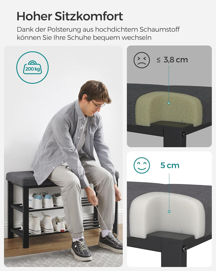 SONGMICS Schuhbank, Schuhregal mit 3 Ebenen, Schuhaufbewahrung, Sitz mit Schaumstoffpolsterung, Lein