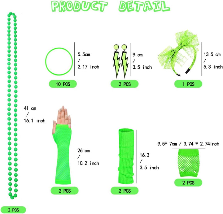 80er 90er Jahre Outfit Damen, T-Shirt, Beinwärmer, Stirnband, Ohrring, Halskette, Netzhandschuhe, 80