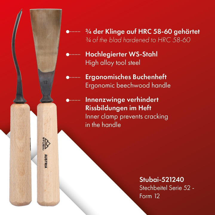 STUBAI Stemmeisen Stechbeitel Serie 52 - Form 12 | Gebogenes Flacheisen 40 mm, mit Holzgriff, zum Vo