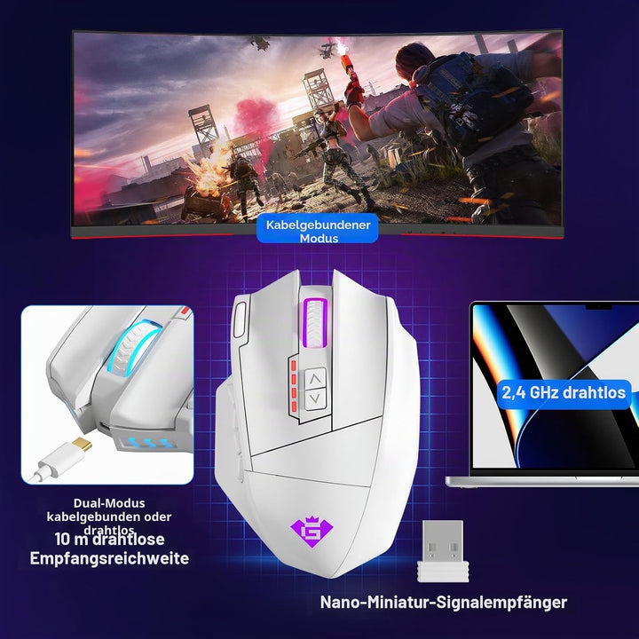 Gamspeed V8 Pro Gaming Maus Kabellos 2,4G, 16000DPI Wired/Wireless RGB MMO Gaming Maus, mit Chroma R