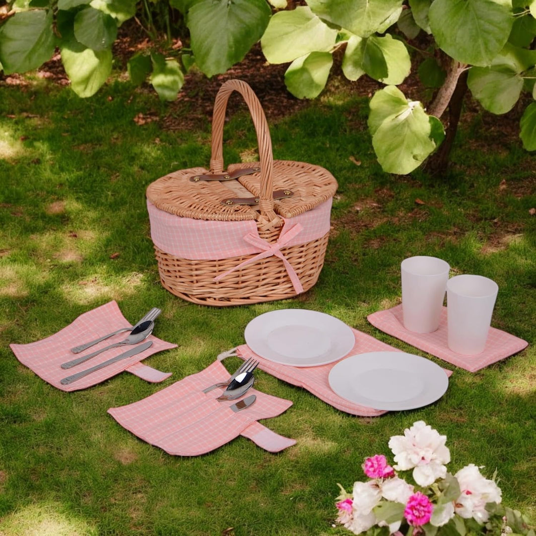 UNUS Picknickkorb für Kinder oval aus Weide mit Stoffauskleidung - Komplettset für 2 Personen mit Be