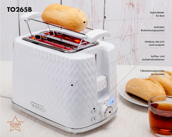 eldom TO265 Nele Toaster | 7 Röststufen | Defrost-Funktion | mit integrierten Brötchenaufsatz | Krüm