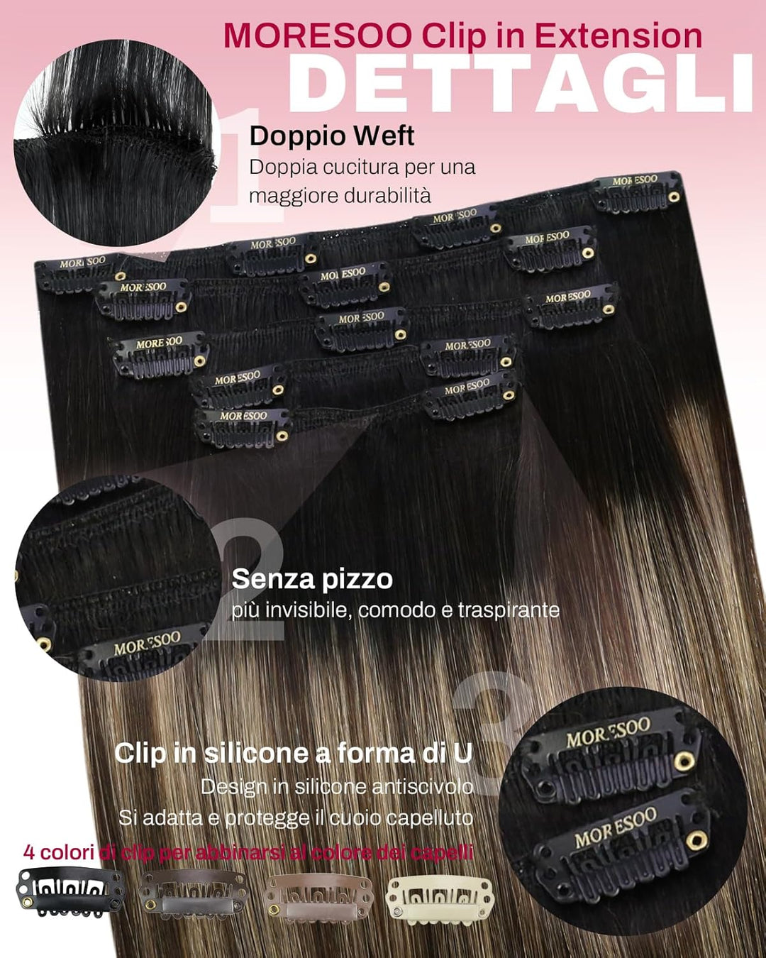 Moresoo Echthaar Extensions Clip Schwarz Remy Clip in Extensions Echthaar Doppelt Tressen Haarextens
