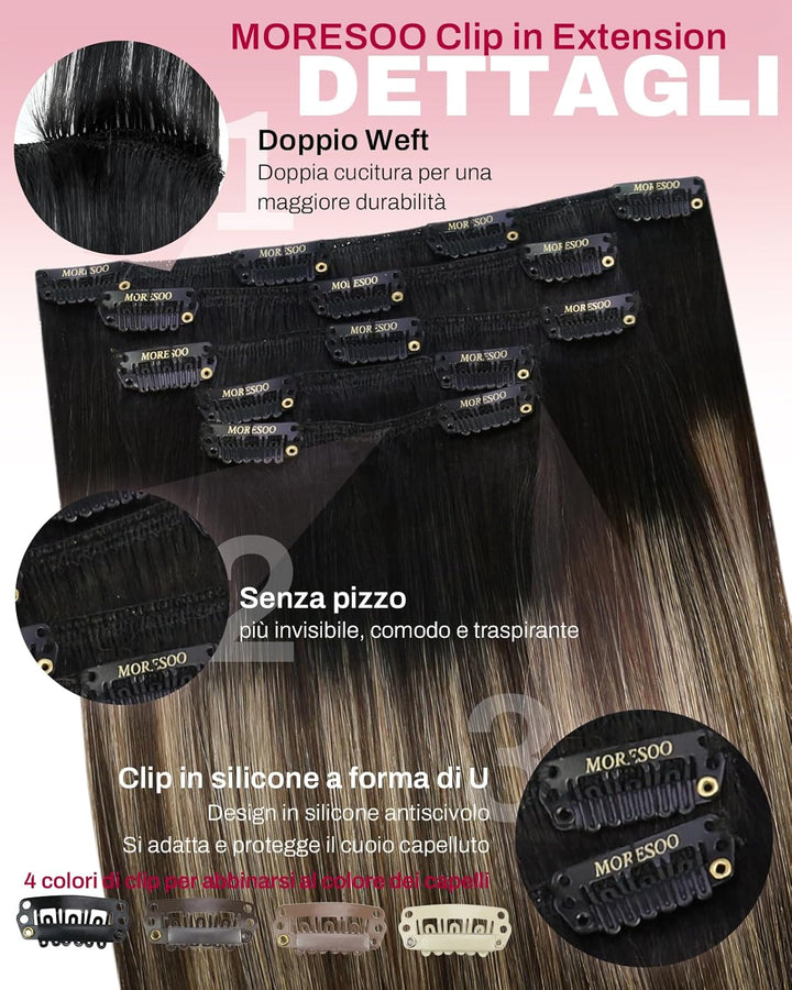Moresoo Echthaar Extensions Clip Schwarz Remy Clip in Extensions Echthaar Doppelt Tressen Haarextens