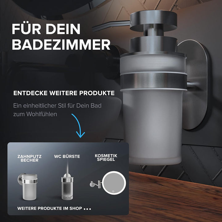 ovimar Seifenspender Kegnaes | Silber | Wandmontage ohne Bohren | aus Edelstahl und weissem Glas | e