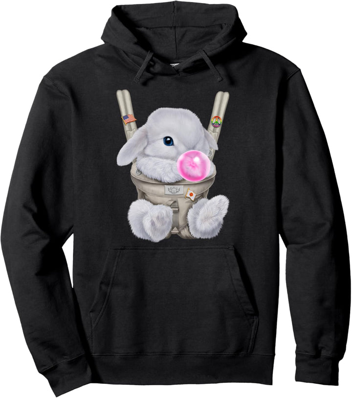 Weisses Zwergkaninchen mit Kaugummi in der Babytrage Pullover Hoodie