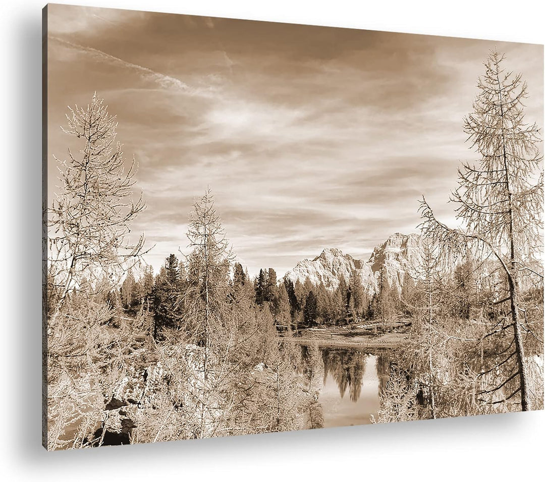 Herbstliche Berglandschaft der Dolomiten Format: 80x60 als Leinwand, Effekt: Sepia, Motiv fertig ger