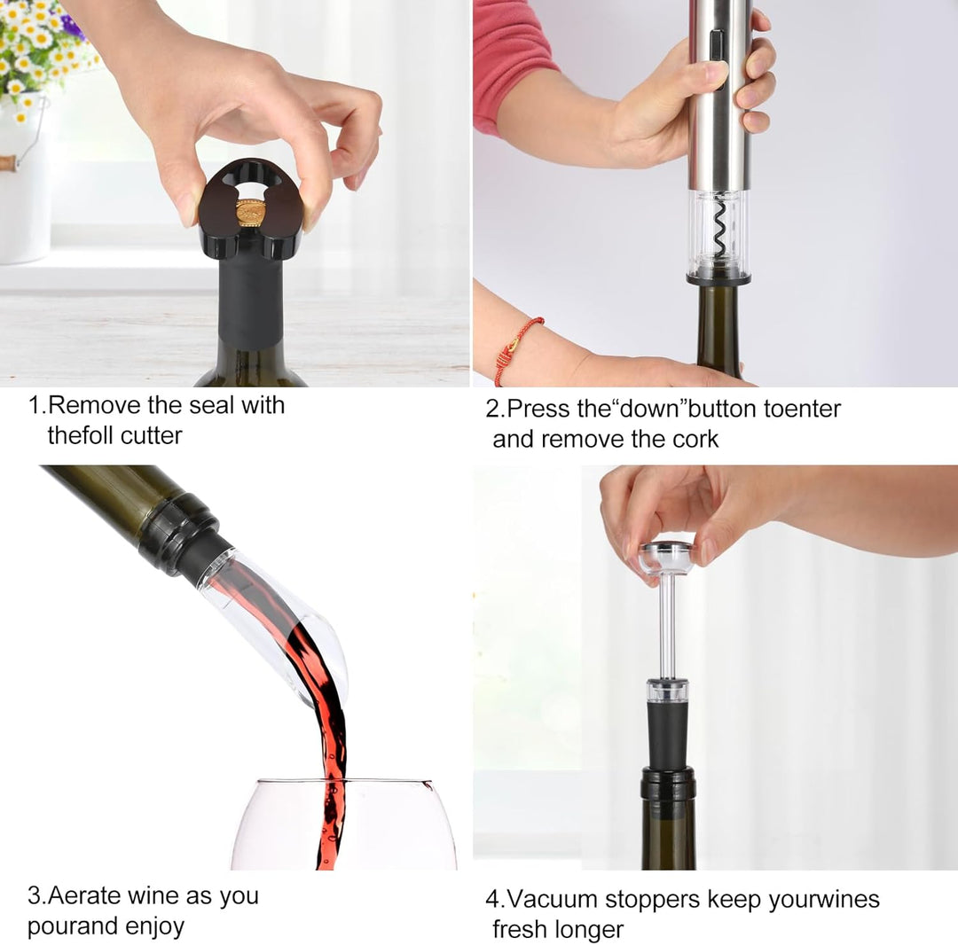 VIDYSUFYR Elektrischer Weinflaschenöffner-Set, mit Folienschneider, Weinausgiesser, Vakuumverschluss