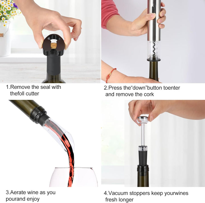 VIDYSUFYR Elektrischer Weinflaschenöffner-Set, mit Folienschneider, Weinausgiesser, Vakuumverschluss