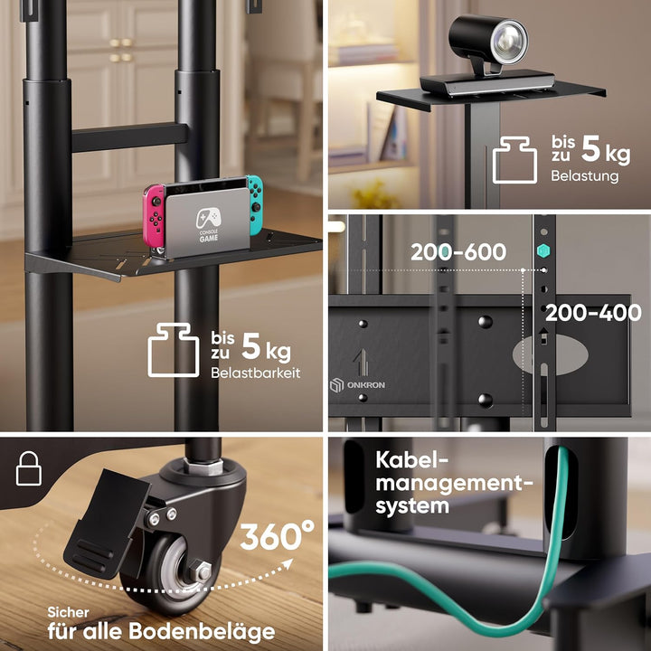 ONKRON TV Ständer rollbar für 32-75 Zoll TV bis zu 60 kg, Fernsehständer höhenverstellbar 200x200-60