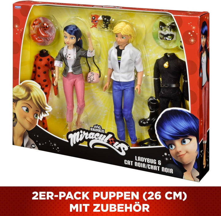 BANDAI – Miraculous – 2er-Pack Marinette und Adrien Puppen mit 2 Outfits (Ladybug & Cat Noir), Zubeh