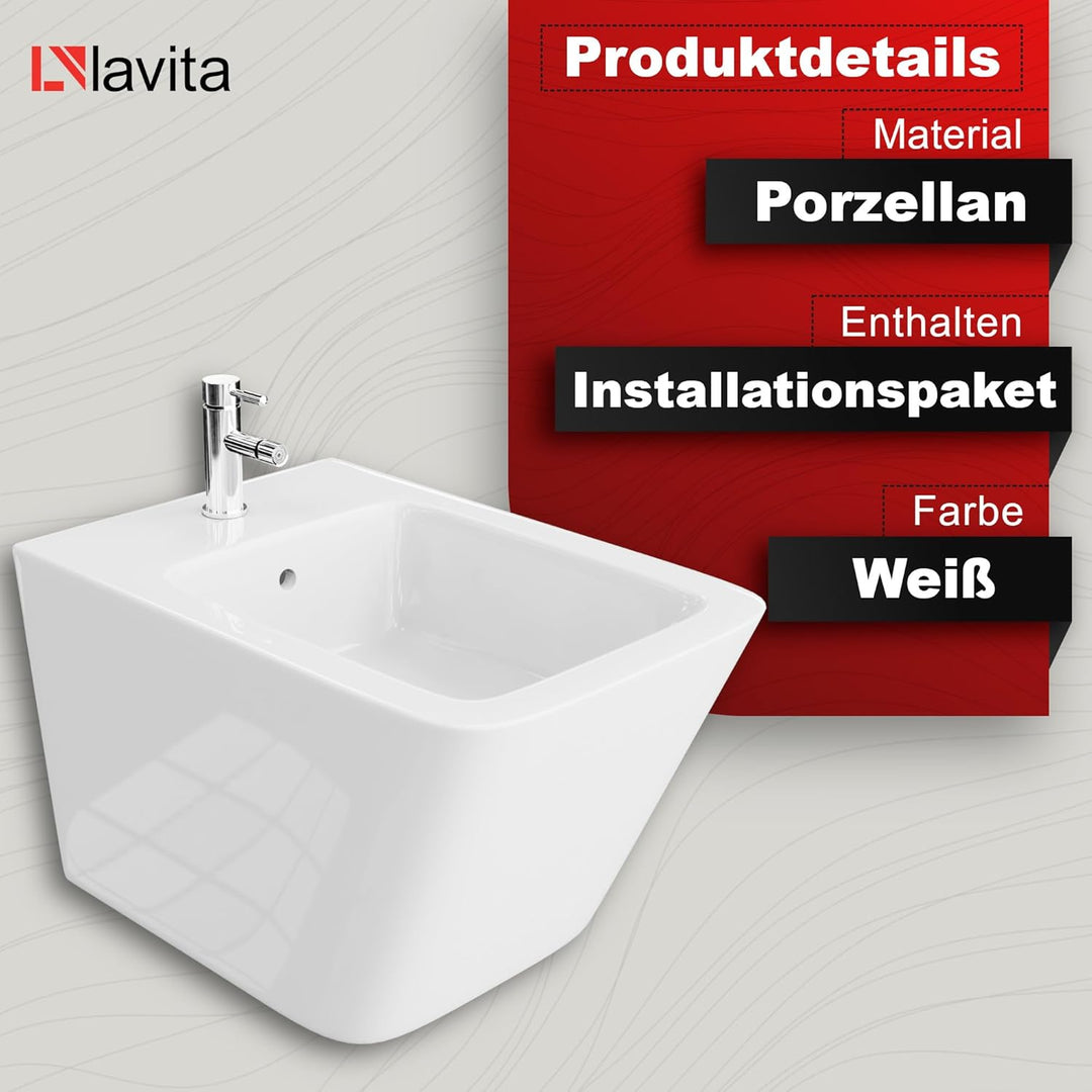 LAVITA Universal Wand-Bidet Lago mit Hahnloch und Überlaufschutz aus Keramik Sitzwaschbecken zur Mon