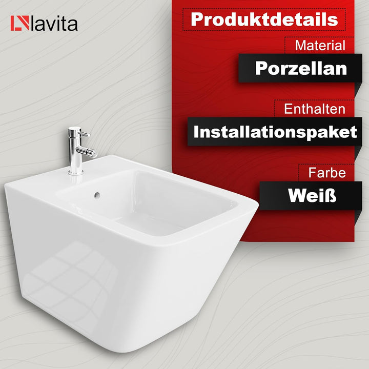 LAVITA Universal Wand-Bidet Lago mit Hahnloch und Überlaufschutz aus Keramik Sitzwaschbecken zur Mon