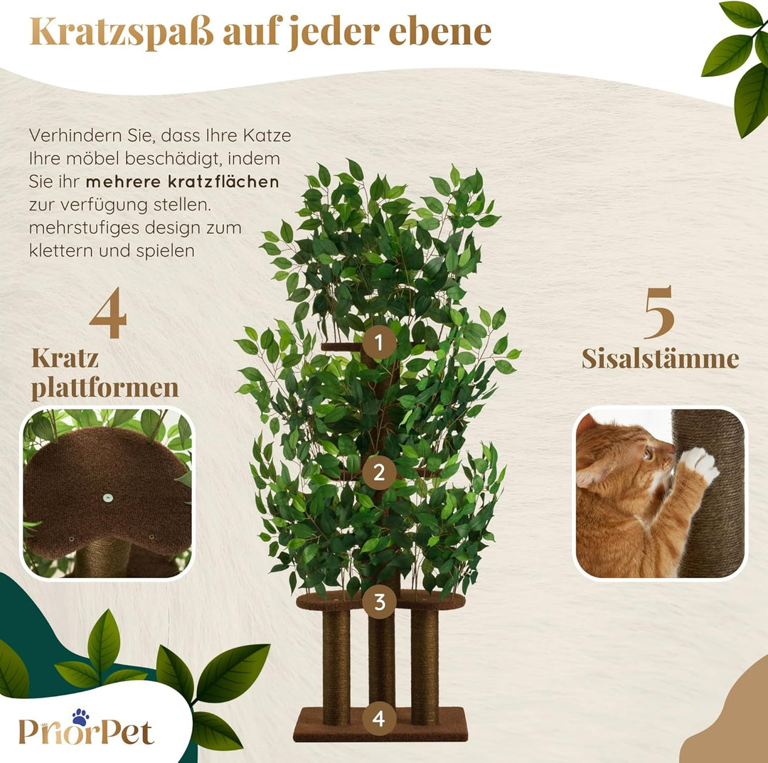 Kratzbaum mit Blättern – Stabiler & Platzsparender Katzenbaum – 4 kratzbare Ebenen & 3 Kratzsäulen –