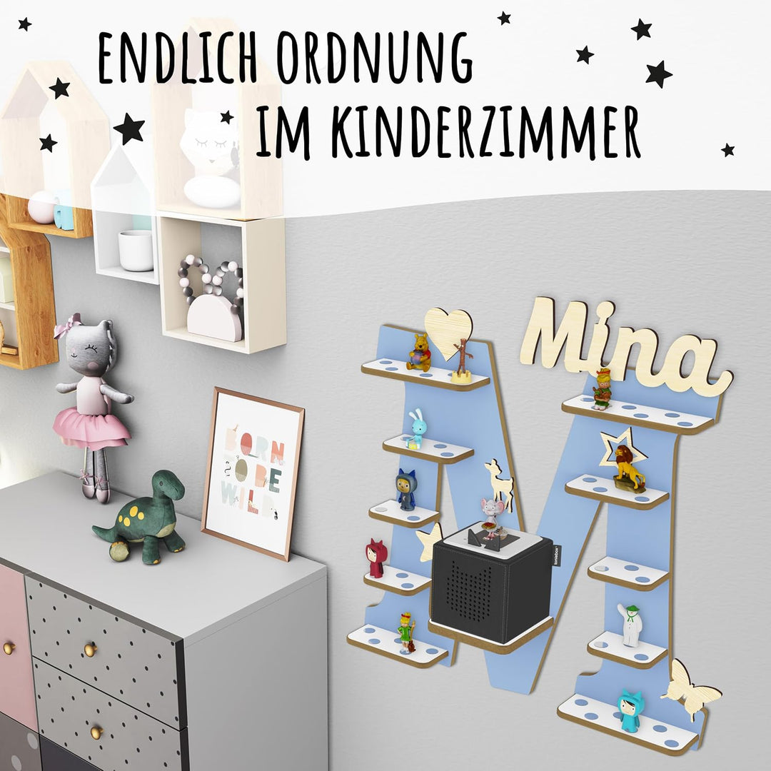 Regal Buchstabe für Toniebox, Wandregal für Tonie Figuren, personalisiert mit Name, Aufbewahrung für