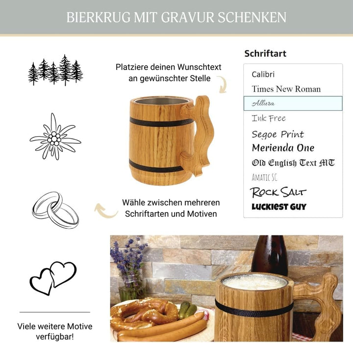 HOFMEISTER® Holz-Bierkrug mit Edelstahleinsatz - 500 ml - personalisierbar mit Name &amp; Motiv - tolle