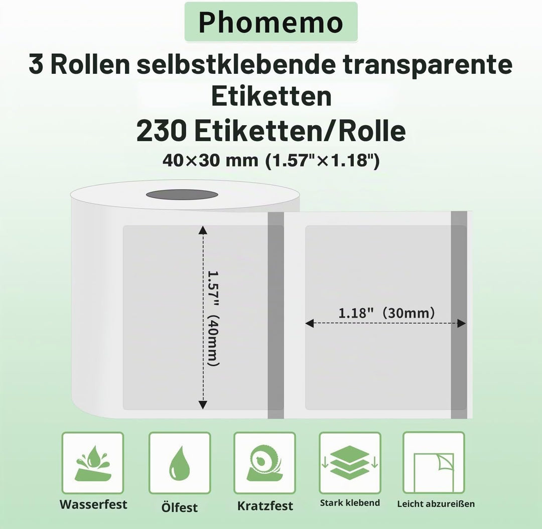 Phomemo 3 Rollen Transparentes etikett,Multifunktionales selbstklebendes transparentes Etikett, 40 m