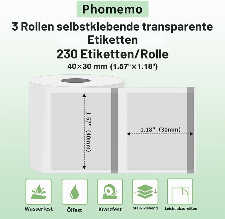 Phomemo 3 Rollen Transparentes etikett,Multifunktionales selbstklebendes transparentes Etikett, 40 m