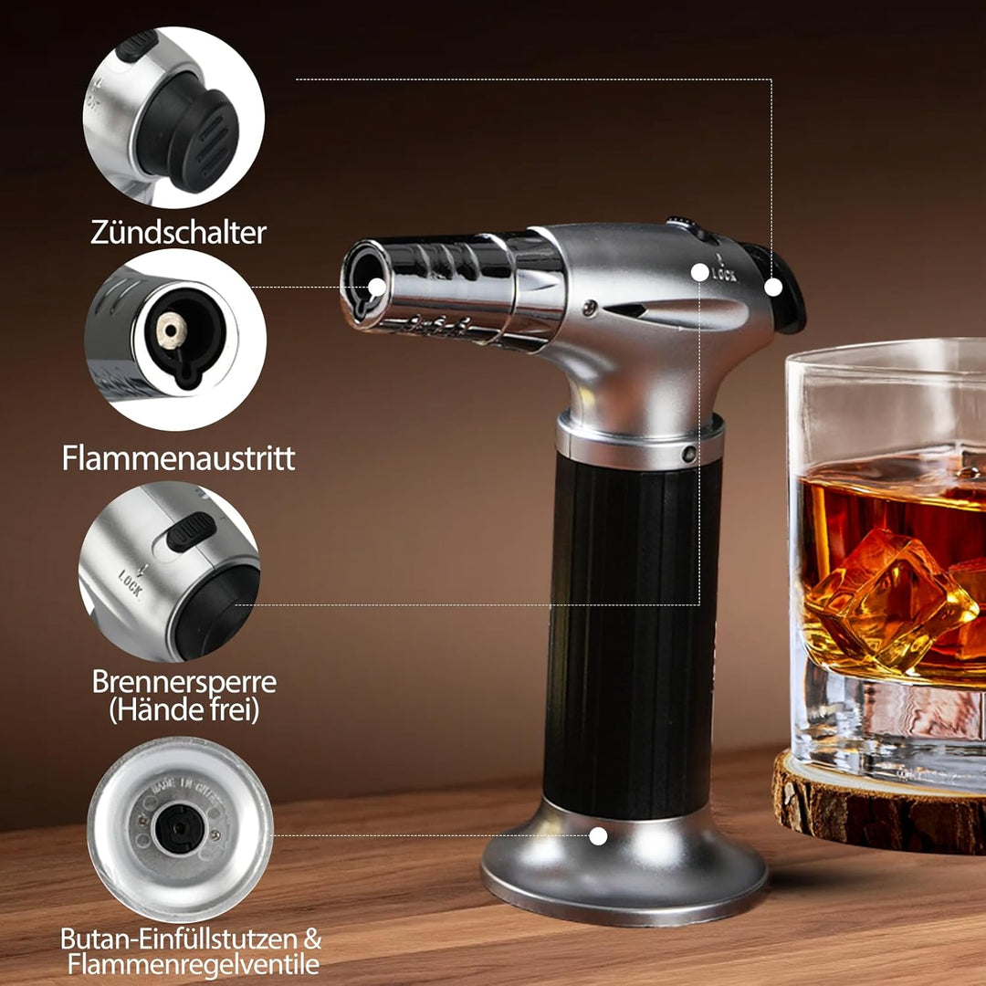 Whisky-Räucherset mit Fackel-6 Geschmacksrichtungen, Holzspäne, 2 Gläser, 6 Whiskysteine, Cocktail-R