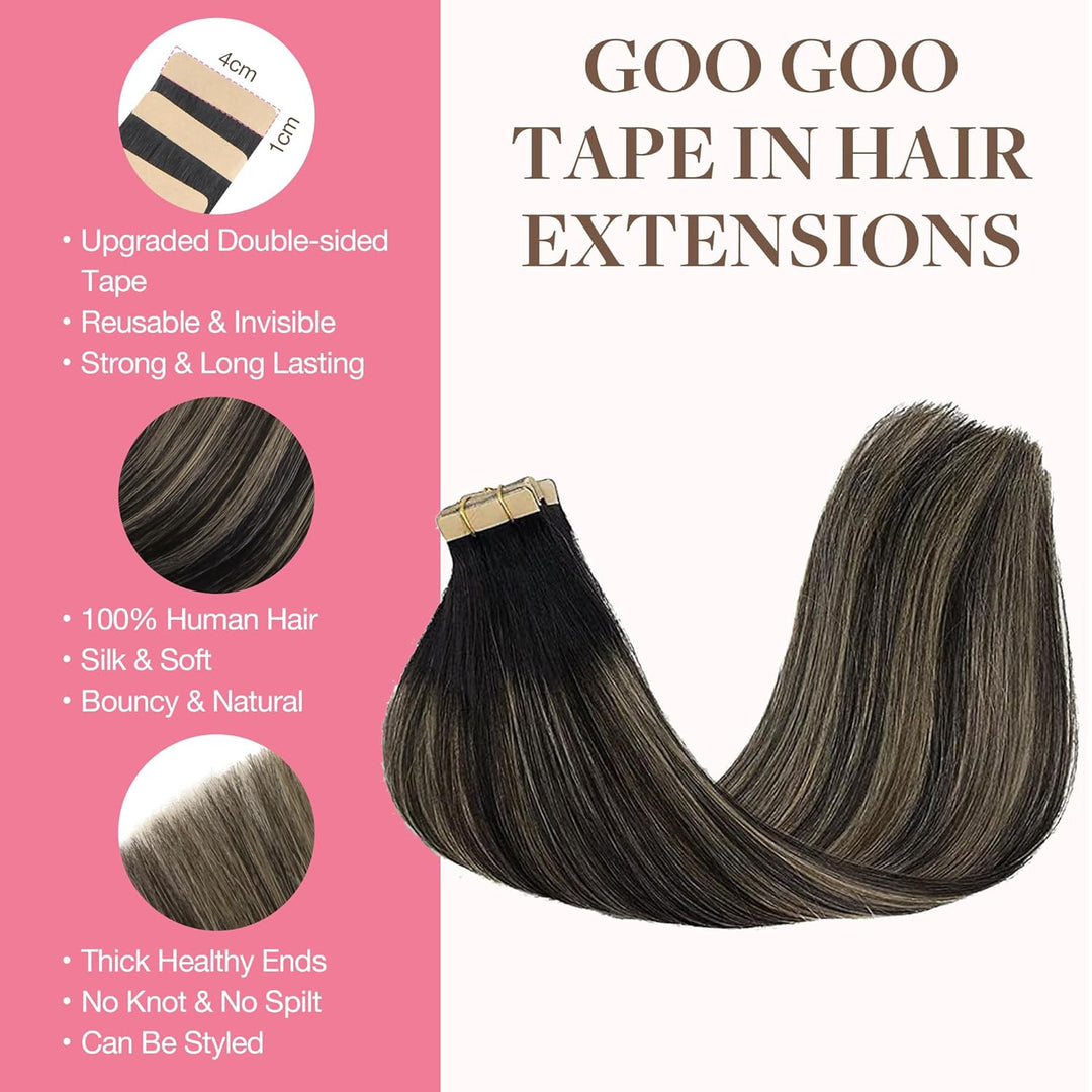GOO GOO Tape in Extensions Echthaar, Balayage Naturschwarz Gemischt Hellblond 40cm 20pcs 50g, Haarve