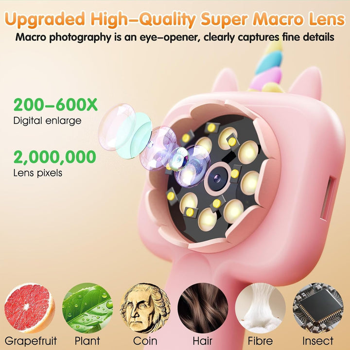 QUBAI 600x Mini-Handy-Mikroskop für Kinder, 2,4" IPS, USB, LED, physisch & digital, tragbar, ab 3 Ja
