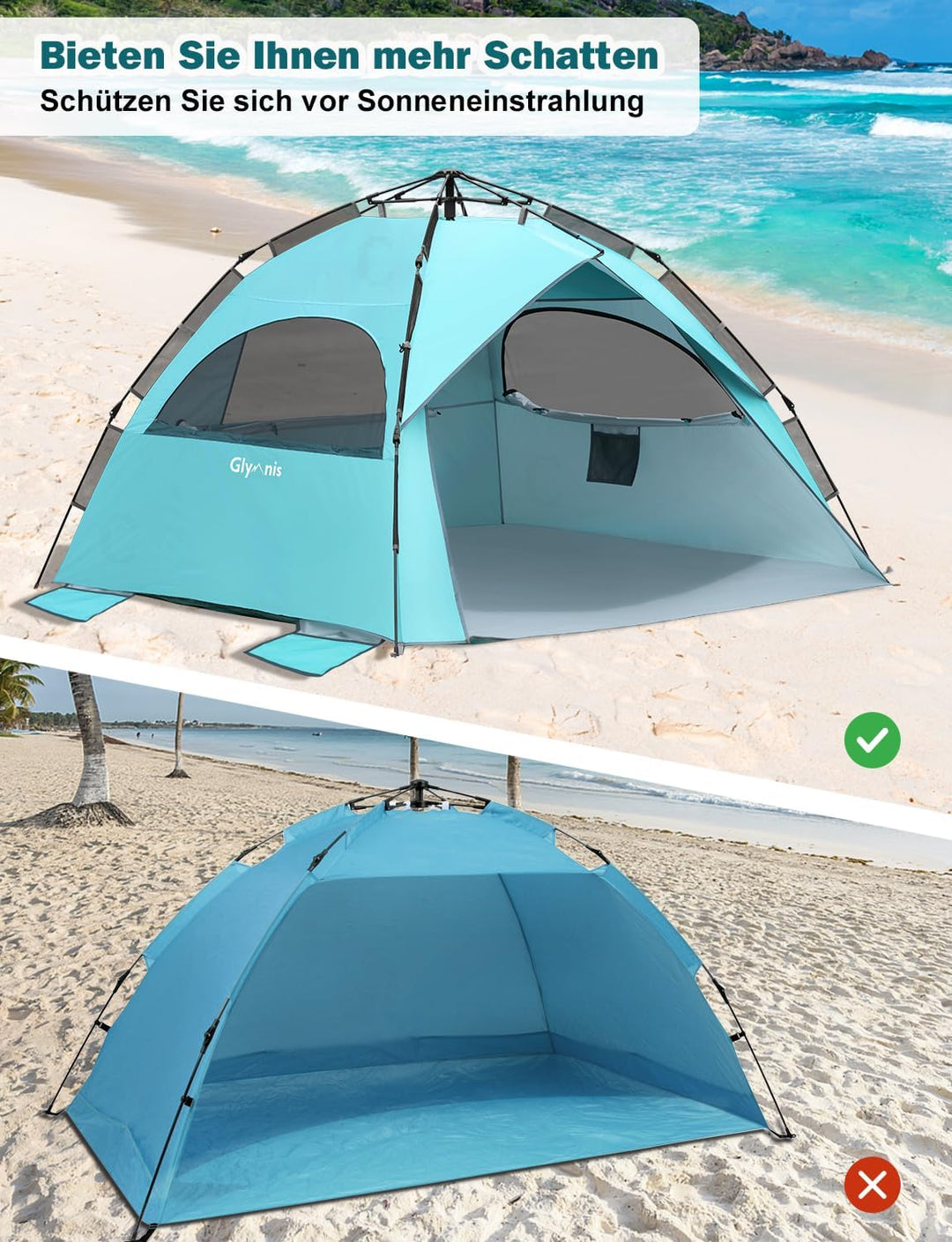Glymnis Strandmuschel Quick Up Strandzelt Automatisches Strand Zelt UV-Schutz 50+ Windschutz kleines