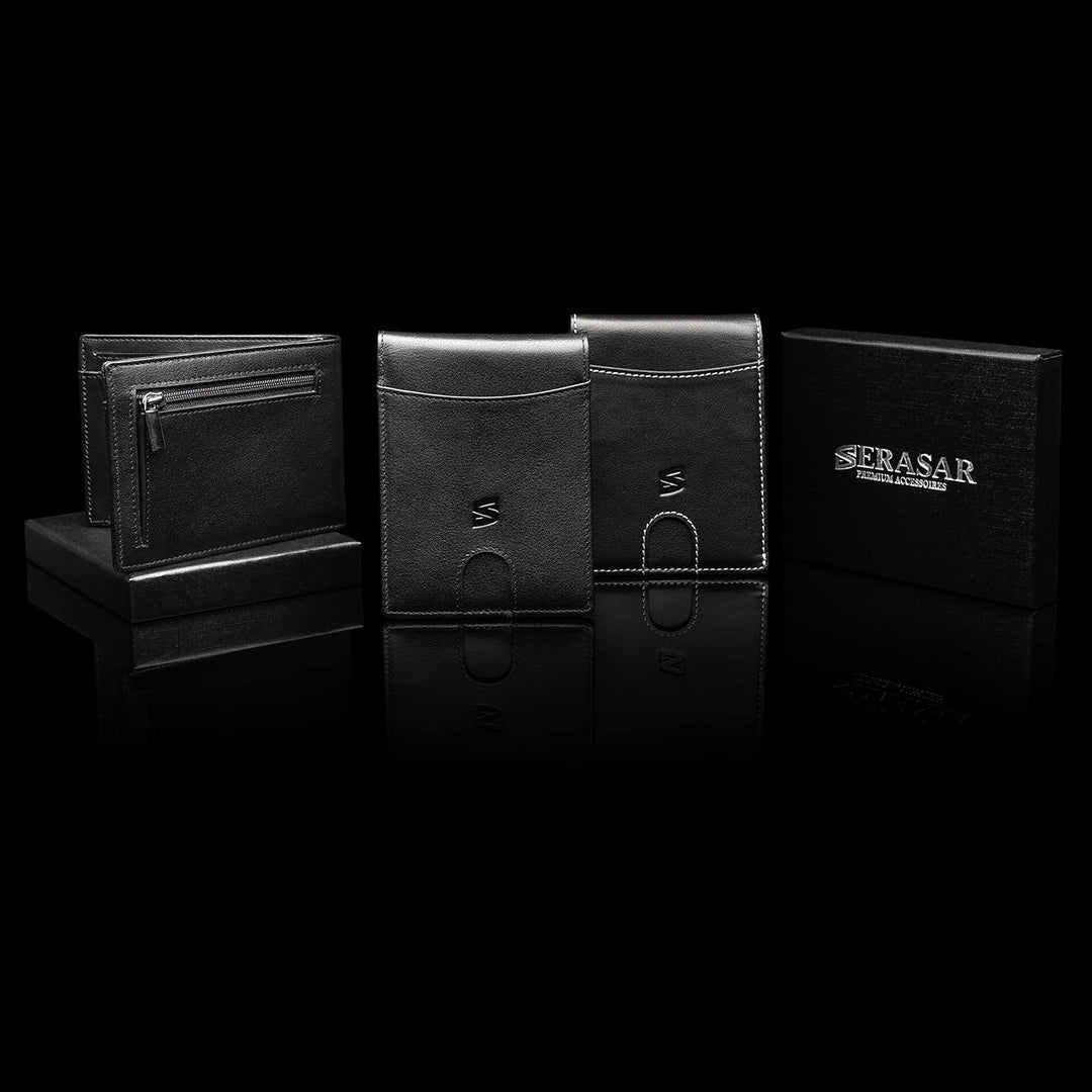 SERASAR | Premium Wallet [Clever] für Herren in schwarz aus Echtleder | 11 Kartenfächer | Wahlweise