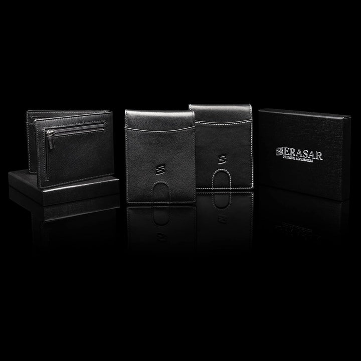 SERASAR | Premium Wallet [Clever] für Herren in schwarz aus Echtleder | 11 Kartenfächer | Wahlweise