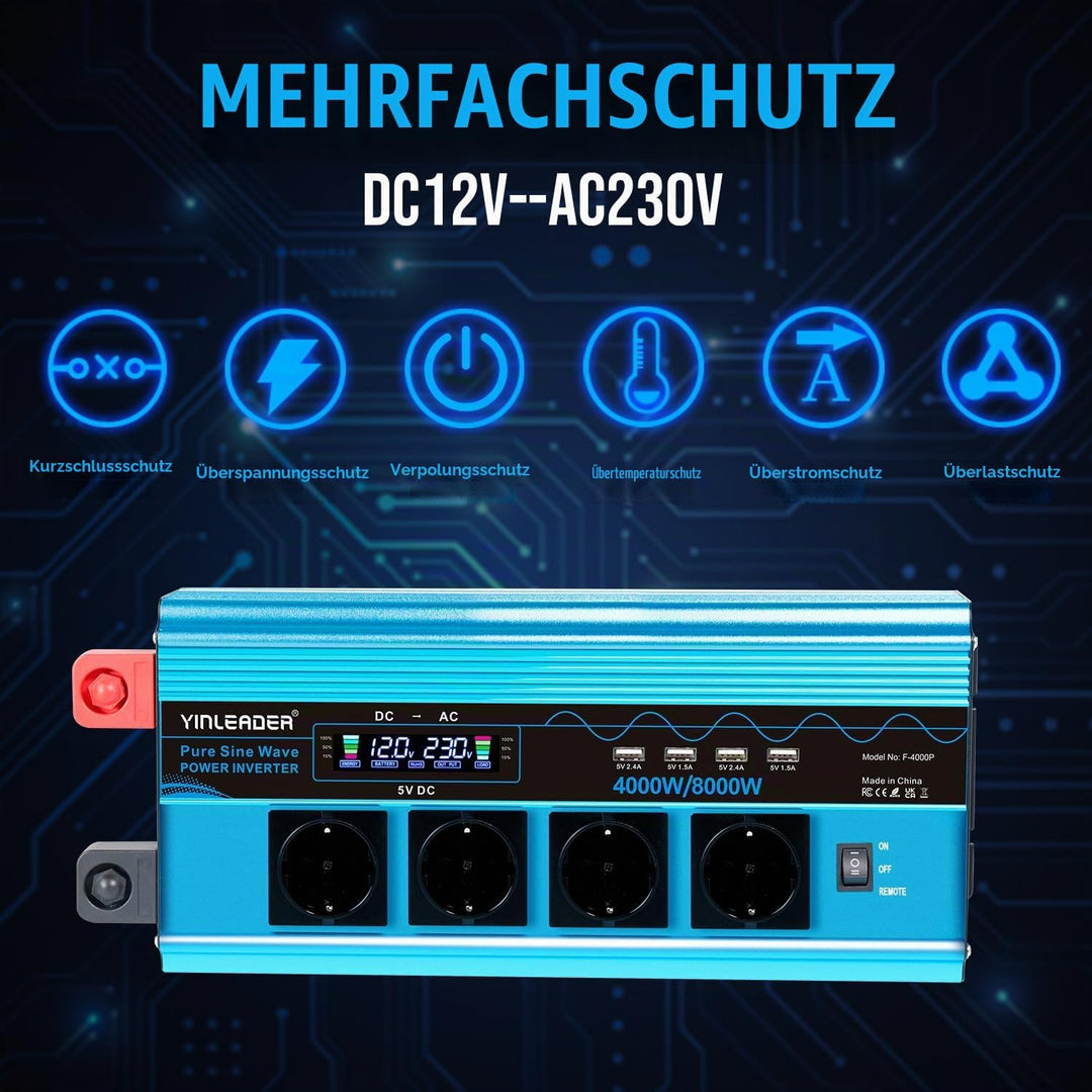 Wechselrichter 4000W Spannungswandler Reiner Sinus 12V 230V mit 4 Europäische Steckdose und 4 USB-An