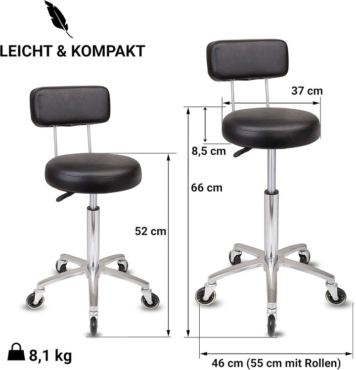 Staboos Rollhocker bis 160 kg - Premium Rundsitz mit Lehne - Praxishocker (Premium Rollen) Drehhocke