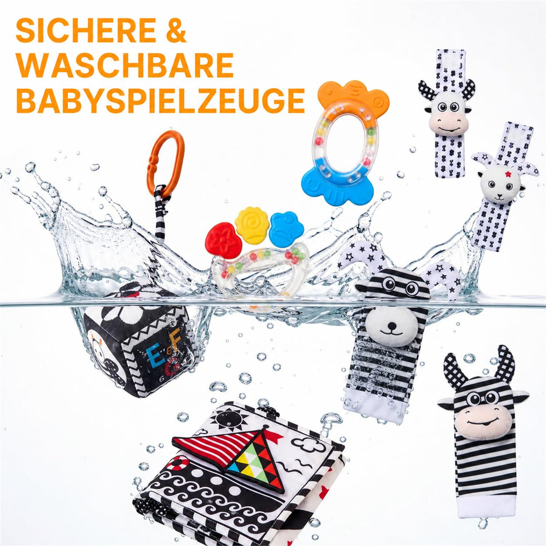 JoyCat Babyspielzeug 0-6 Monate, 6 in 1 Sensorik Baby Spielzeug mit Kontrastkarten, Schwarz Weiss Ko