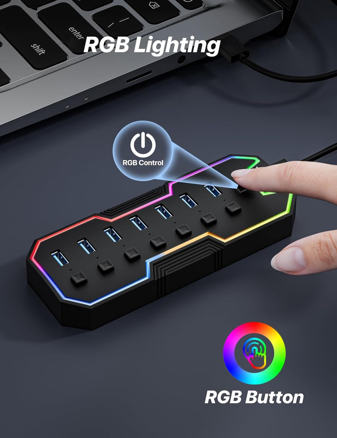 ZIUMIER USB 3.0-Hub, 7-Port-USB-Expander mit RGB-LED-Streifen für MacBook, Mac Pro, Mac mini, iMac,