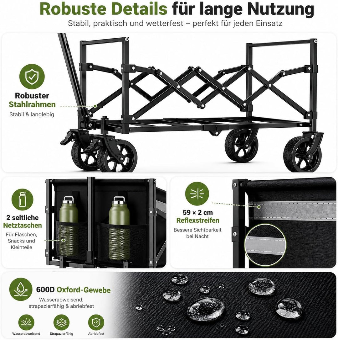Faltbarer Bollerwagen mit Feststellbremse, 120L Grosser Strandwagen 100KG, Robuster Outdoor Transpor