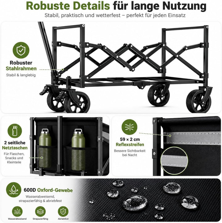 Faltbarer Bollerwagen mit Feststellbremse, 120L Grosser Strandwagen 100KG, Robuster Outdoor Transpor