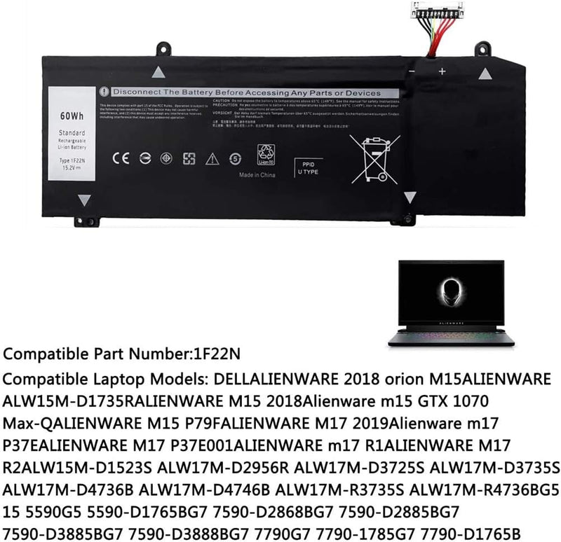 AKKEE 1F22N Laptop Akku für Dell Alienware 2018 M15 P79F M17 R1 R2 P37E P37E001 Dell G7 7590 G7 7790