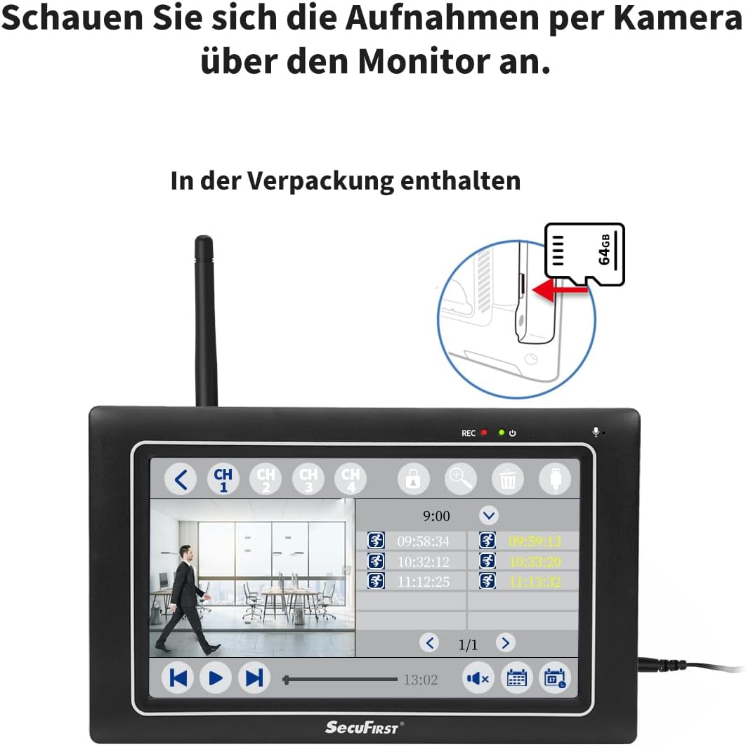 SecuFirst 2K Überwachungskamera Aussen mit Innen Monitor,7" Sensorbildschirm NVR + 2X Outdoor Kamera